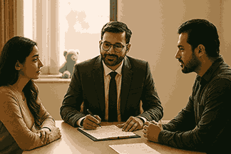 Parents discussing child custody disputes with a family lawyer in Mohali Child Custody Disputes Child custody lawyers in Mohali Child visitation rights in India Joint custody laws under Indian family law Best divorce lawyers in Mohali for child custody Custody rights of father and mother under Indian law